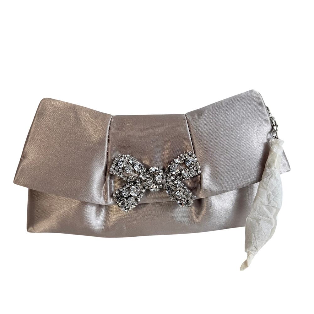 Betsey Johnson Satin Bow Evening Clutch Bag Silver Rhinestone Crystal
